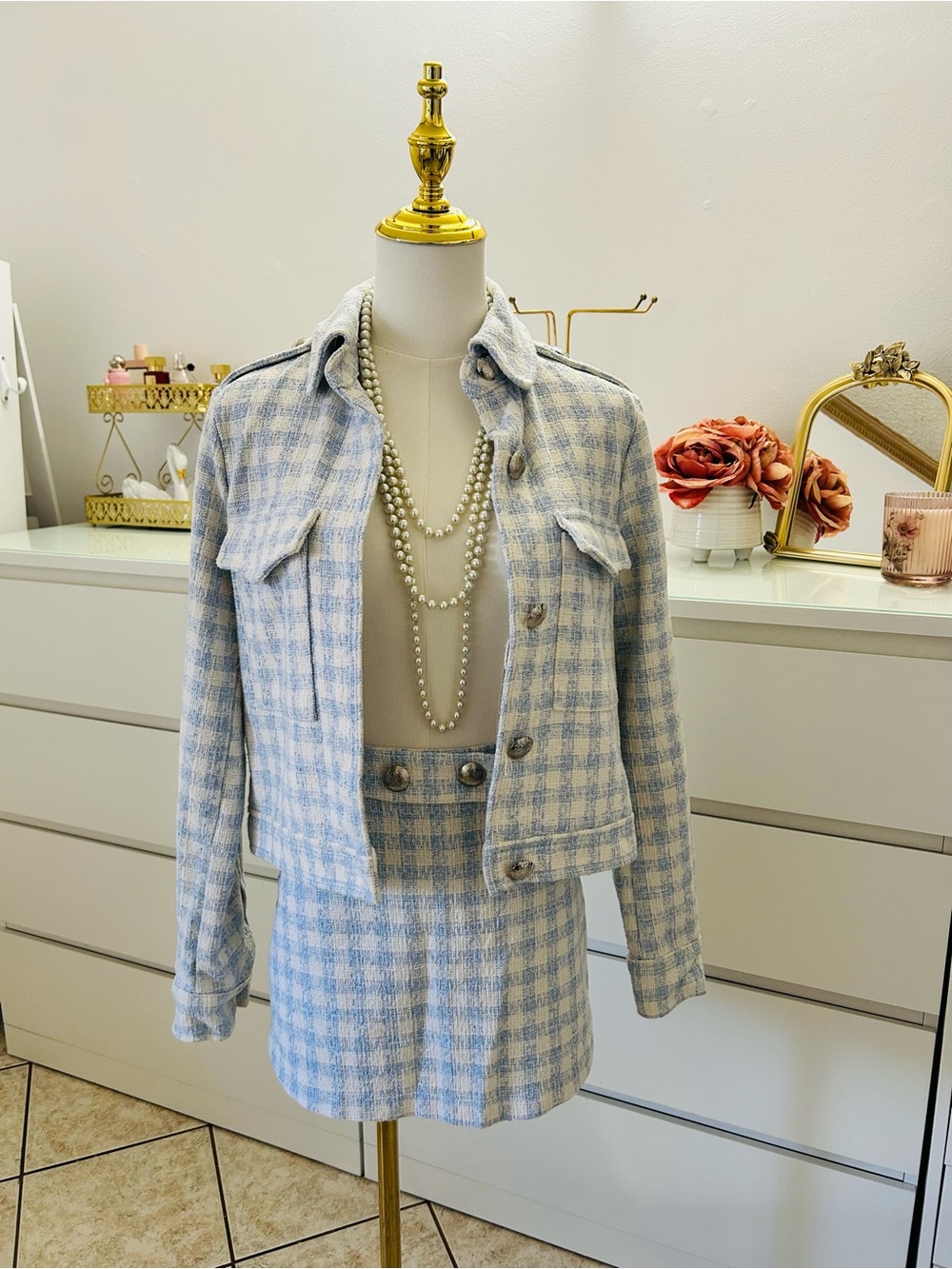 Tailored Blue & Cream Tweed Jacket and Skort Set